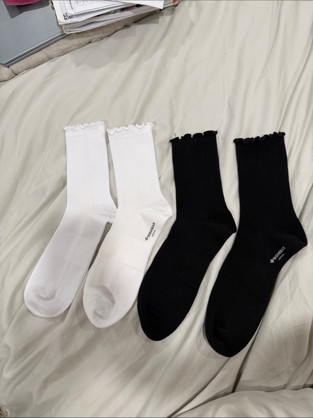 Bombas Ruffled Crew Socks - Black & White (2 Pairs)
